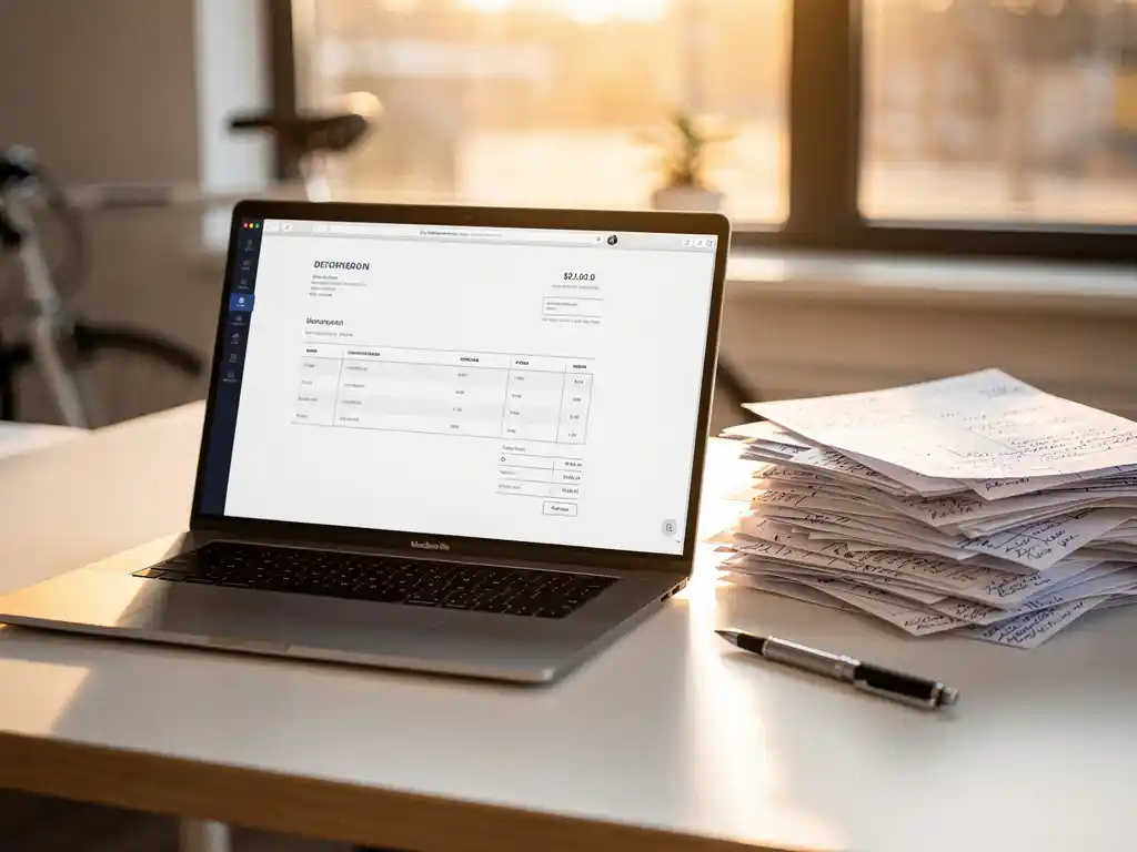 Laptop met digitale factuur naast rommelige stapel handgeschreven papieren facturen op kantoorbureau, warm natuurlijk licht.