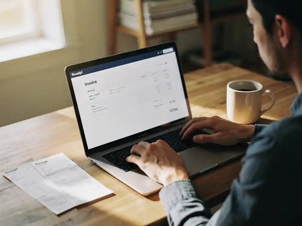 Ondernemer bekijkt digitale factuur op laptop aan houten bureau met gedrukte bonnetjes en koffiemok, warm natuurlijk licht.
