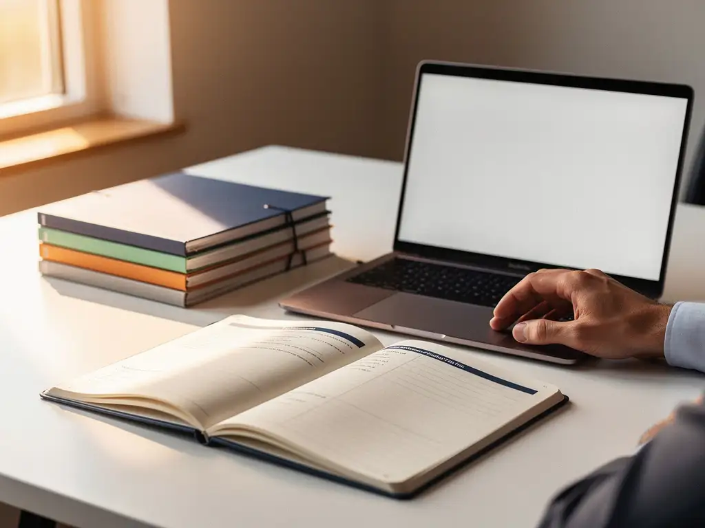 Georganiseerd bureau met opengeslagen notitieboek, laptop en kleurgecodeerde mappen in warm middaglicht.