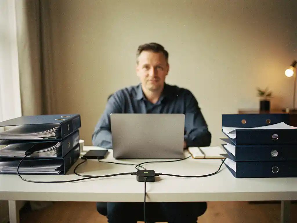 Nederlandstalige ondernemer aan opgeruimd bureau met laptop, ordners en planner verbonden via kabels naar centrale hub, warm natuurlijk zijlicht.