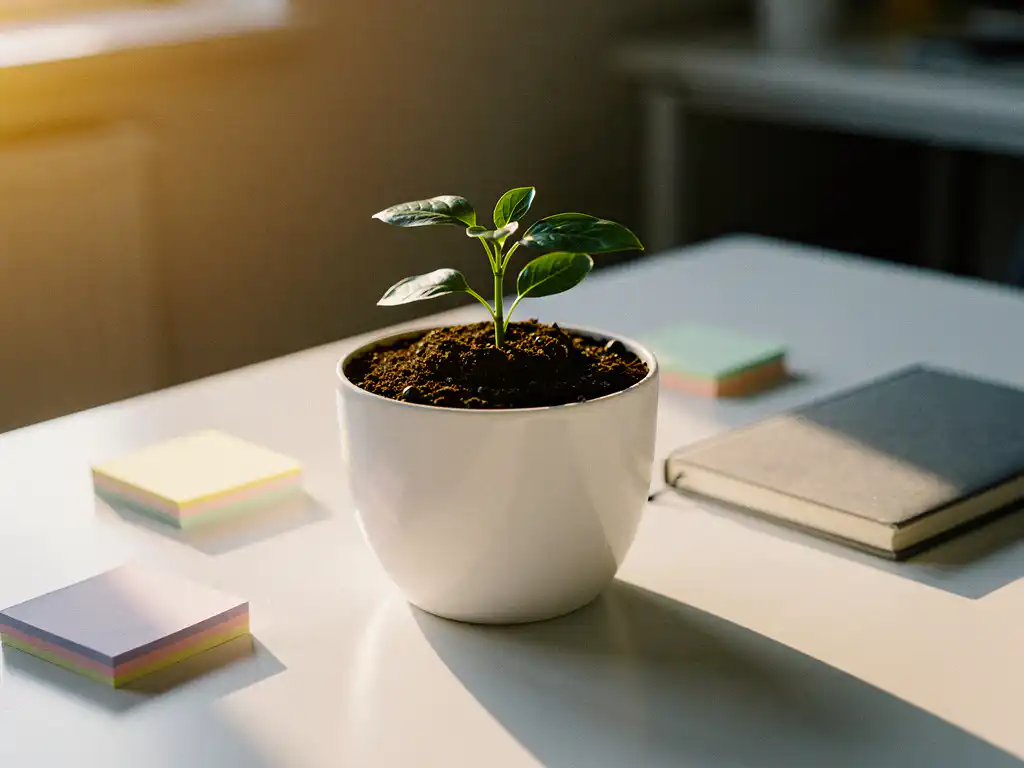 Groen zaailing in witte keramische pot op kantoorbureau, omringd door sticky notes en notitieboek, warm gouden licht.