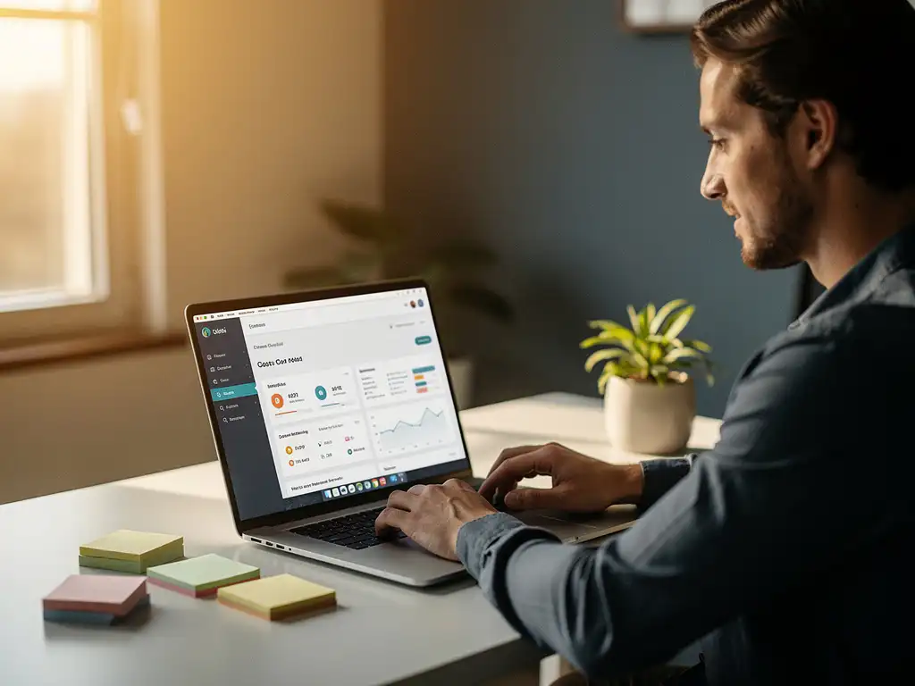 Professional bekijkt klantenportaal op laptop aan modern bureau met sticky notes, plant en warm natuurlijk zijlicht.