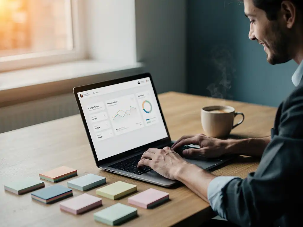 Zakenman bekijkt klantendashboard op laptop aan modern houten bureau met contactkaarten, notities en koffie in warm natuurlijk licht.