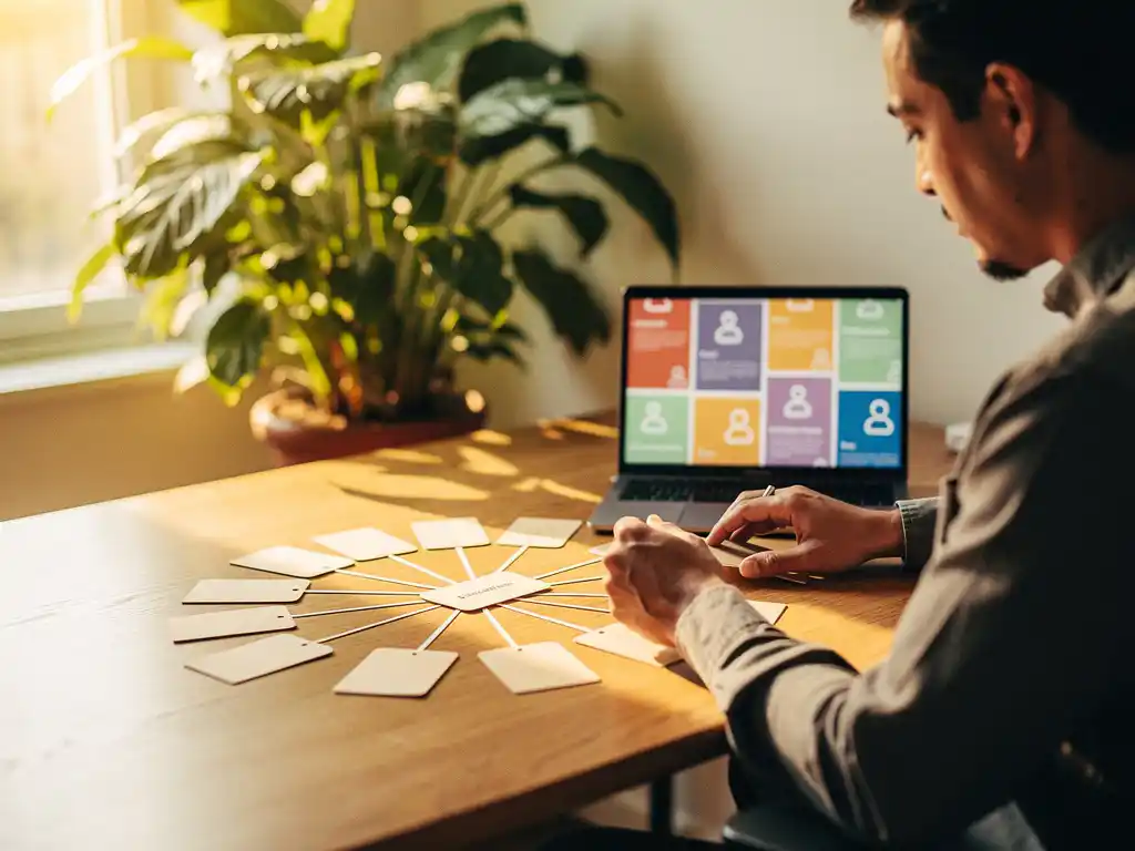Ondernemer bekijkt uitgewaaierde klantenkaarten op eikenhouten bureau naast laptop met contactprofielen, kamerplant op achtergrond.