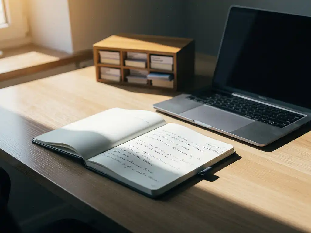 Opengeslagen notitieboek met handgeschreven klantnotities naast laptop op houten bureau, met kaartenbak en warm natuurlijk licht.