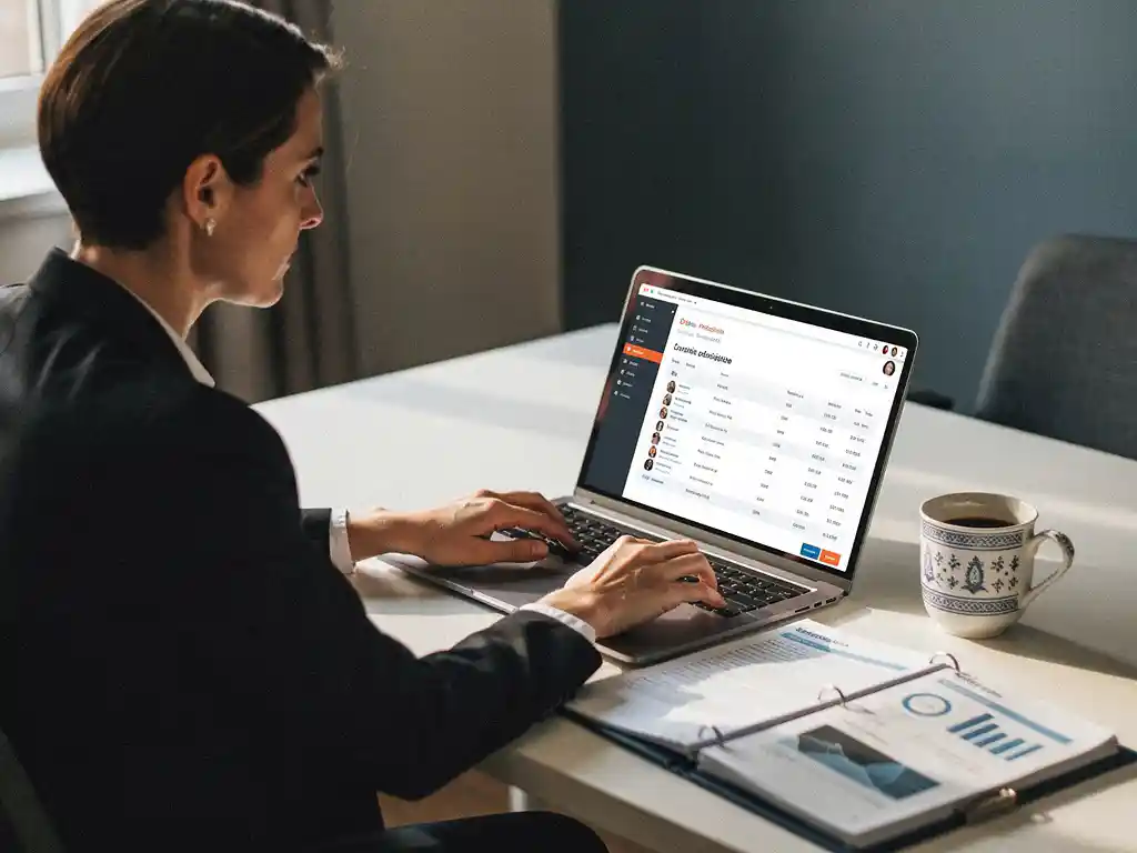 Klantenservicemedewerker bekijkt klantdossier op laptop met openliggende servicehistorie en koffie op modern bureau.