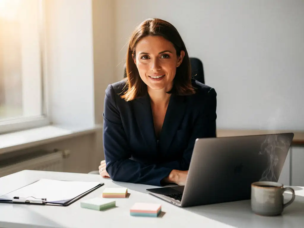 Klantenservicemedewerker luistert aandachtig aan modern bureau met laptop, koffie en clientdossier in warm verlicht kantoor.