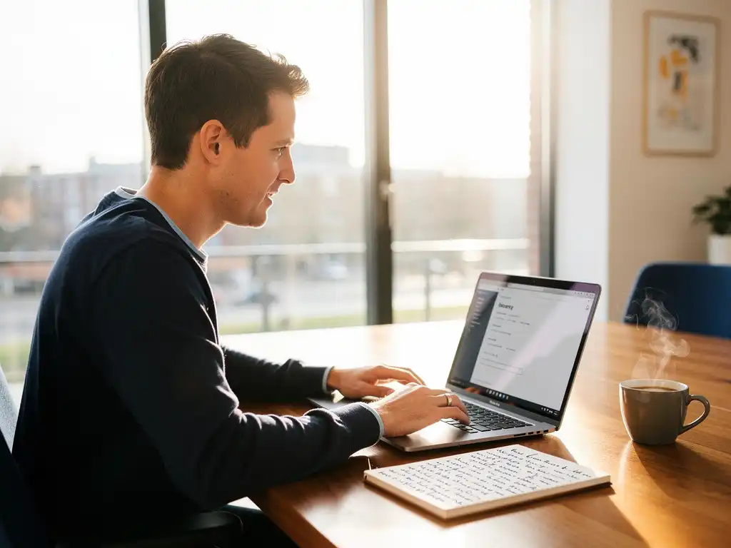 Ondernemer bekijkt klantoverzicht op laptop aan houten bureau met notitieboek en koffie, natuurlijk ochtendlicht in Nederlands kantoor.