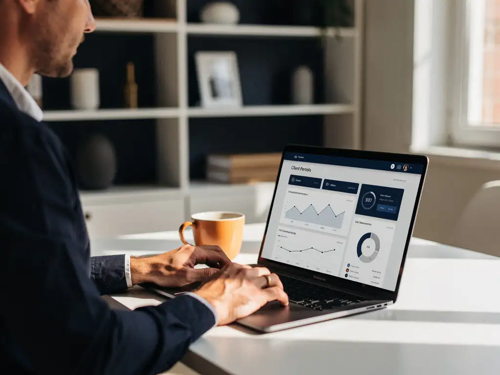 Ondernemer bekijkt een klantenportaal dashboard op laptop aan modern bureau met koffie, kantoorplanken en zacht natuurlijk licht op de achtergrond.