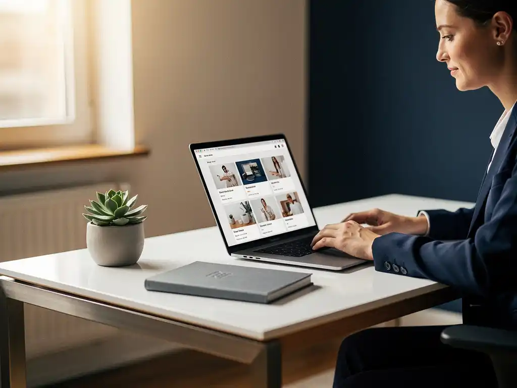 Consultant bekijkt klantportfolio op laptop aan modern bureau met succulent en notitieboek, warm kantoorlicht.