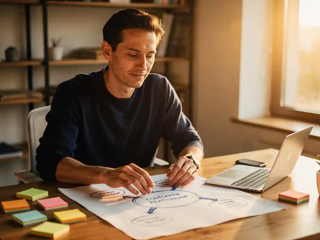 Ondernemer bestudeert klantrelatiekaart op papier aan houten bureau met laptop en sticky notes in warm middaglicht.