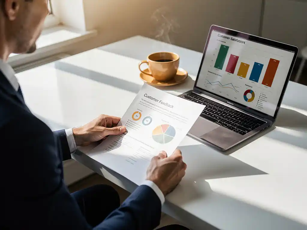 Zakelijke professional bestudeert klanttevredenheidsrapport aan modern bureau met laptop met tevredenheidsgrafieken en koffie.