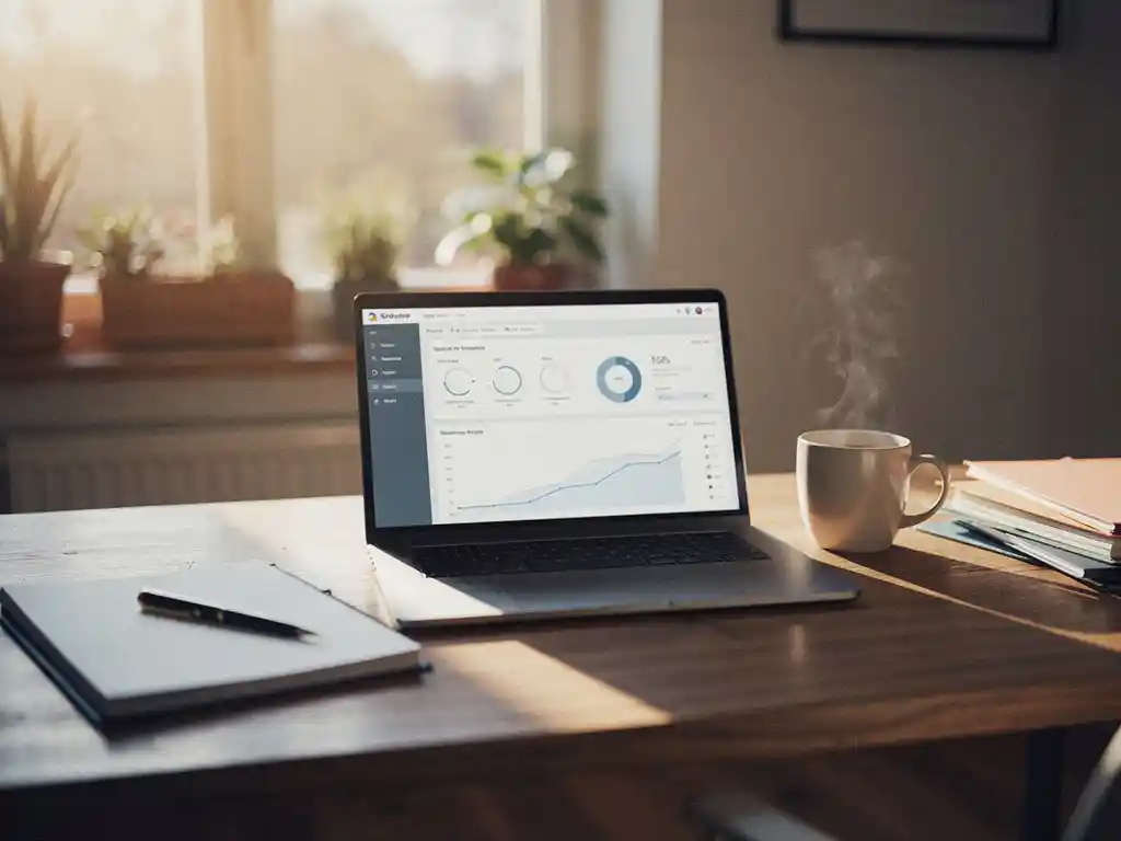 Opgeruimd klein kantoorbureautje met laptop, planner, koffiemok en mappen in warm middaglicht.