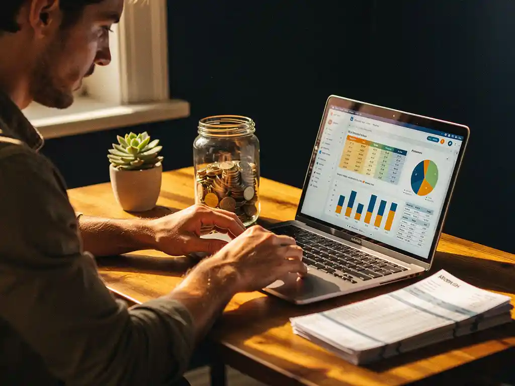 Ondernemer bestudeert glazen pot met euromunten naast laptop met spreadsheetgrafieken op houten bureau met facturen en succulent.