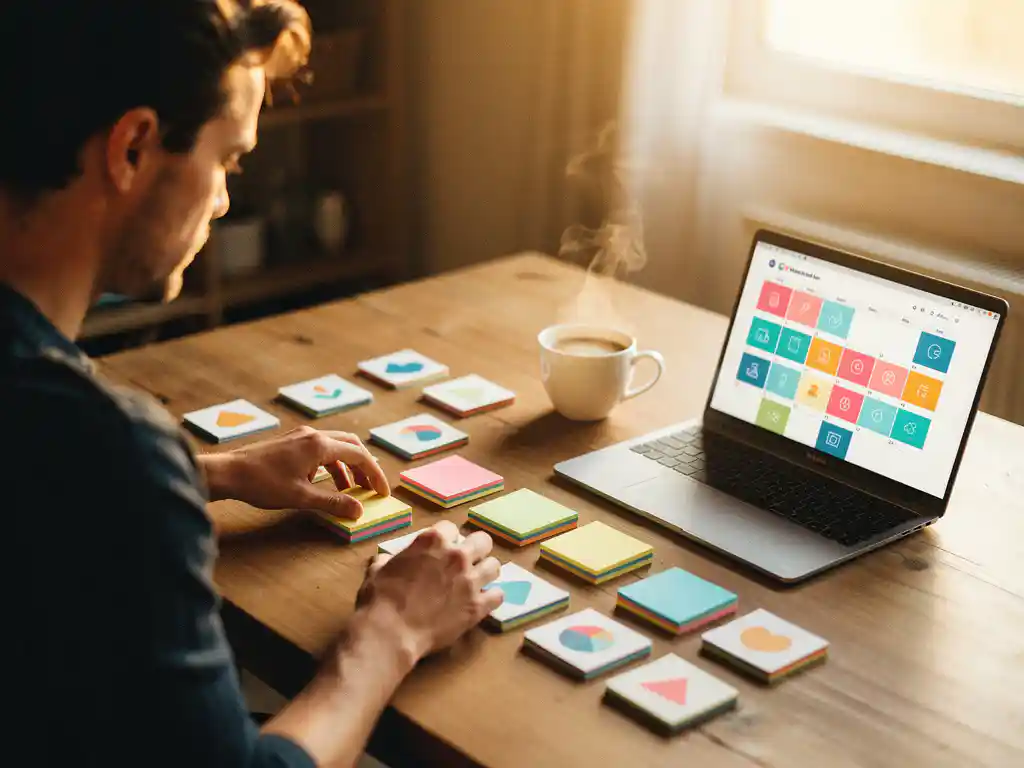 Ondernemer ordent kleurrijke sticky notes en projectkaarten op houten bureau met laptop en dampende koffie in warm middaglicht.