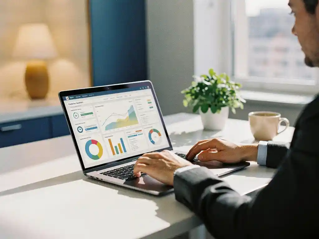 Zakenman schuift laptop met dashboard-interface over modern bureau richting klant, kantooromgeving met zachte blauwe en warme amberkleurige tinten.