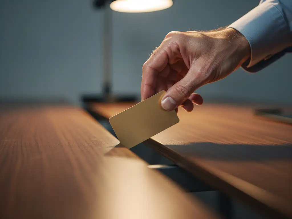Visitekaartje dat door een kier in een modern houten bureau glipt, professionele hand die het net op tijd opvangt, warm amberkleurig kantoorlicht.