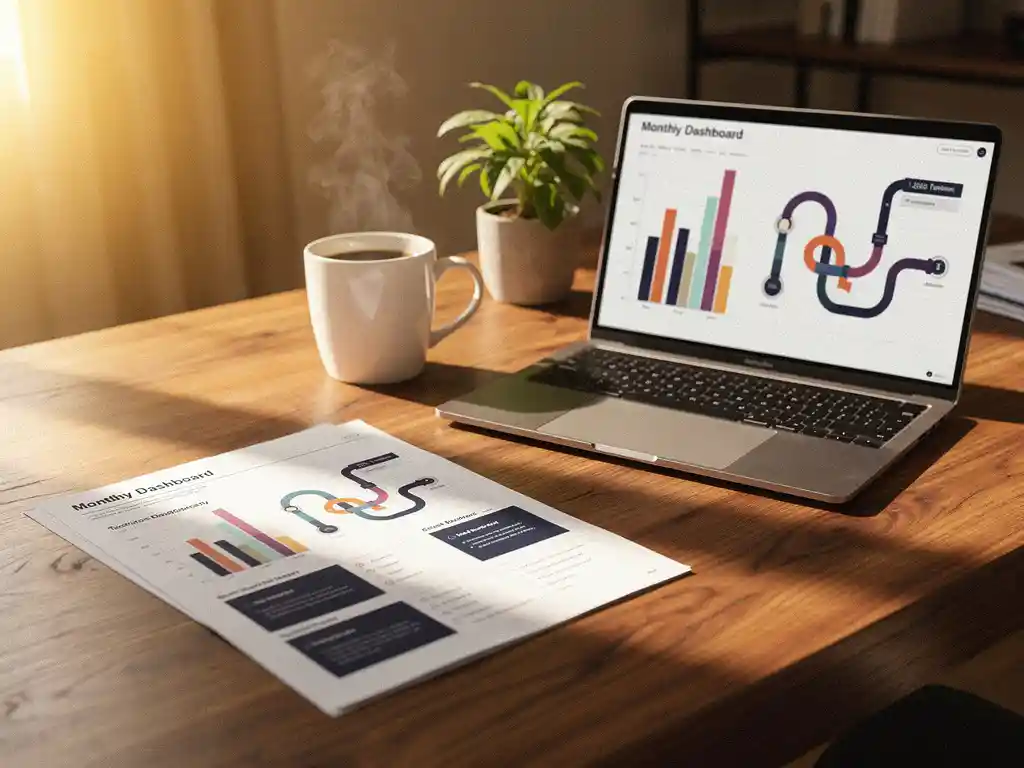 Houten bureau met maandelijks dashboardrapport, dampende koffie en laptop met staafdiagrammen, verlicht door warm ochtendlicht.