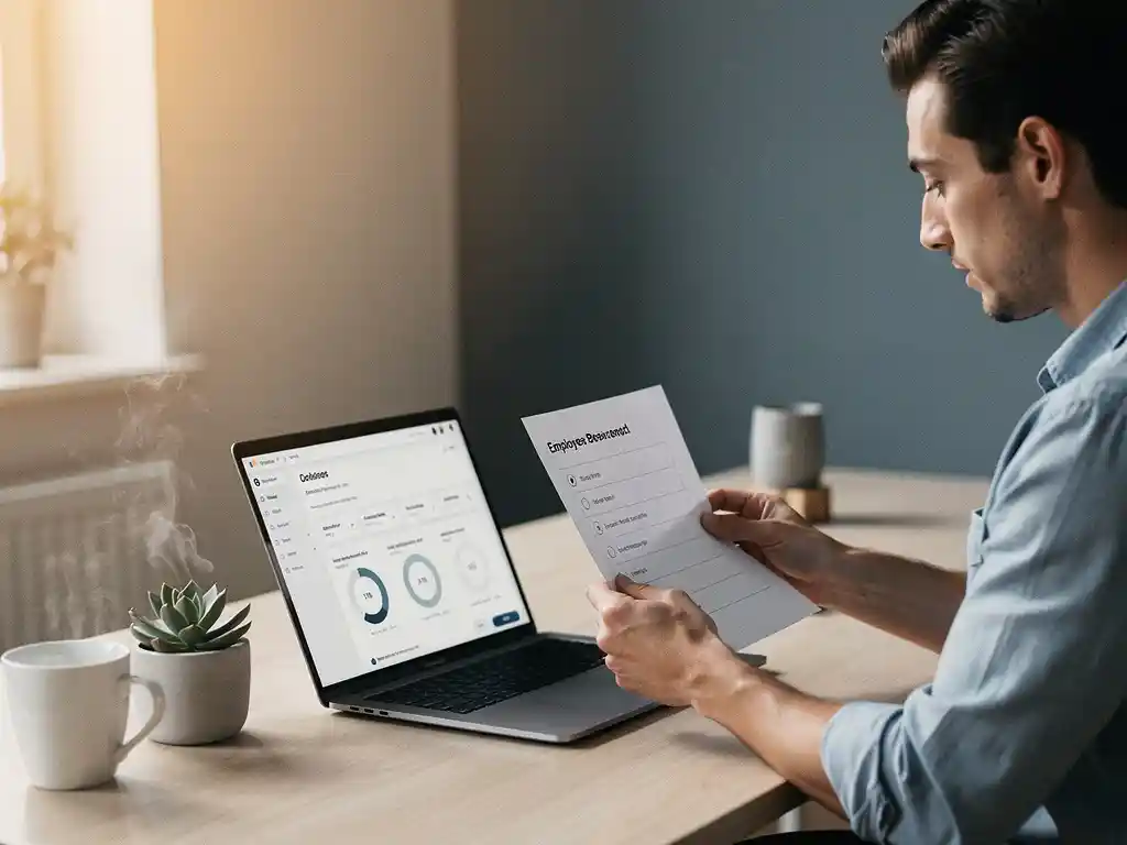 Ondernemer aan modern bureau controleert personeelschecklist naast laptop met HR-dashboard, koffie en succulent, natuurlijk zijlicht.