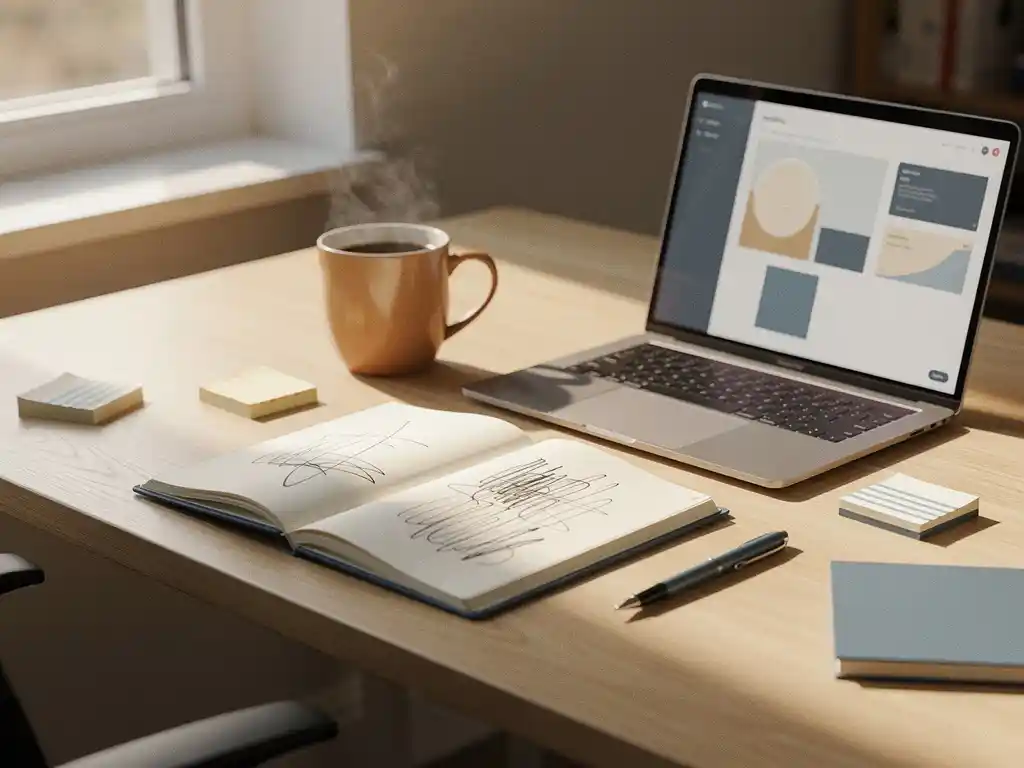 Modern kantoorbureau met opengeslagen notitieboek, koffiemok en laptop met dashboard in warm natuurlijk licht.