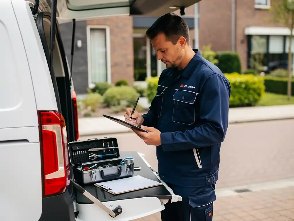 Monteur in werkkleding tekent voltooide opdracht af op tablet bij open achterklep van witte bestelbus in Nederlandse woonwijk.