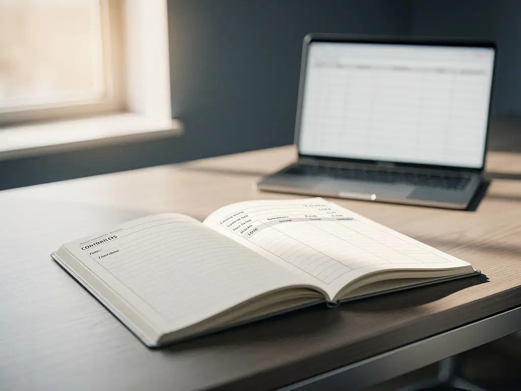 Open notitieboek op modern kantoorbureau met handgeschreven klantnotities en financiële kolommen, laptop op de achtergrond.