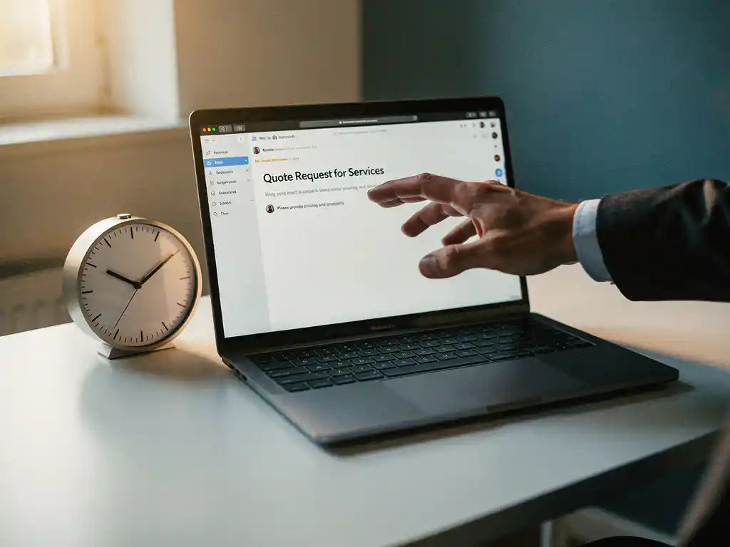 Zakenhand reikt naar laptop met open offerteaanvraag-e-mail, analoge klok op bureau benadrukt urgentie.