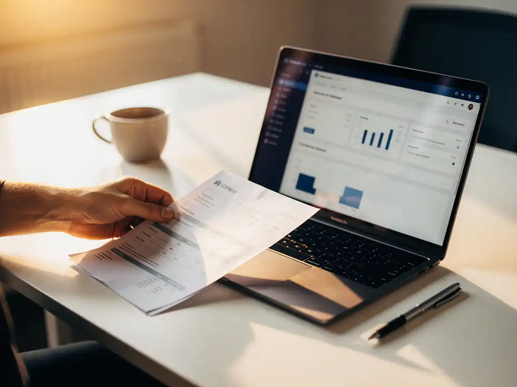 Verkoper plaatst offertedocument naast laptop met CRM-dashboard op modern bureau, met koffie en pen in warm goudkleurig licht.