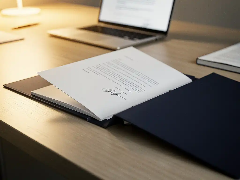 Ondertekend offertedocument dat in een projectmap op een modern bureau wordt geschoven, met laptop op de achtergrond.