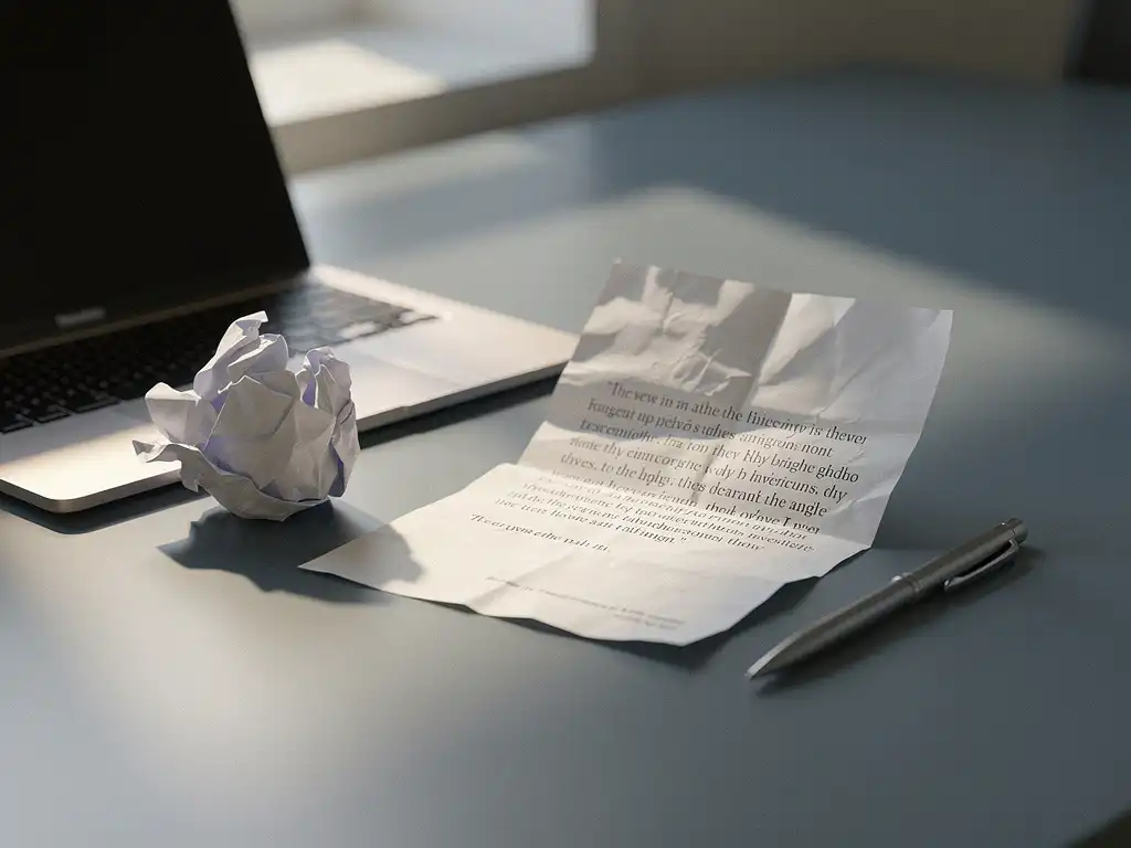 Verfrommeld offertedocument naast een open laptop op een modern bureau, met een pen en zacht natuurlijk licht.