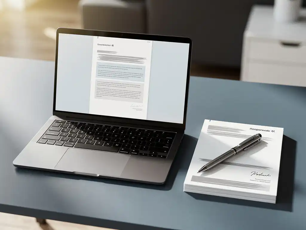 Modern bureau met laptop waarop een digitale offerte zichtbaar is, naast een ondertekend papieren voorstel en een pen.