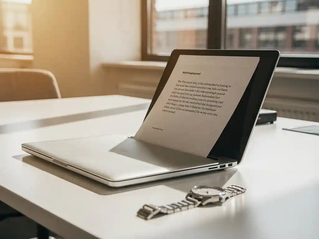 Offerte die uit een laptop glijdt op een opgeruimd bureau, met een horloge ernaast in warm middaglicht.