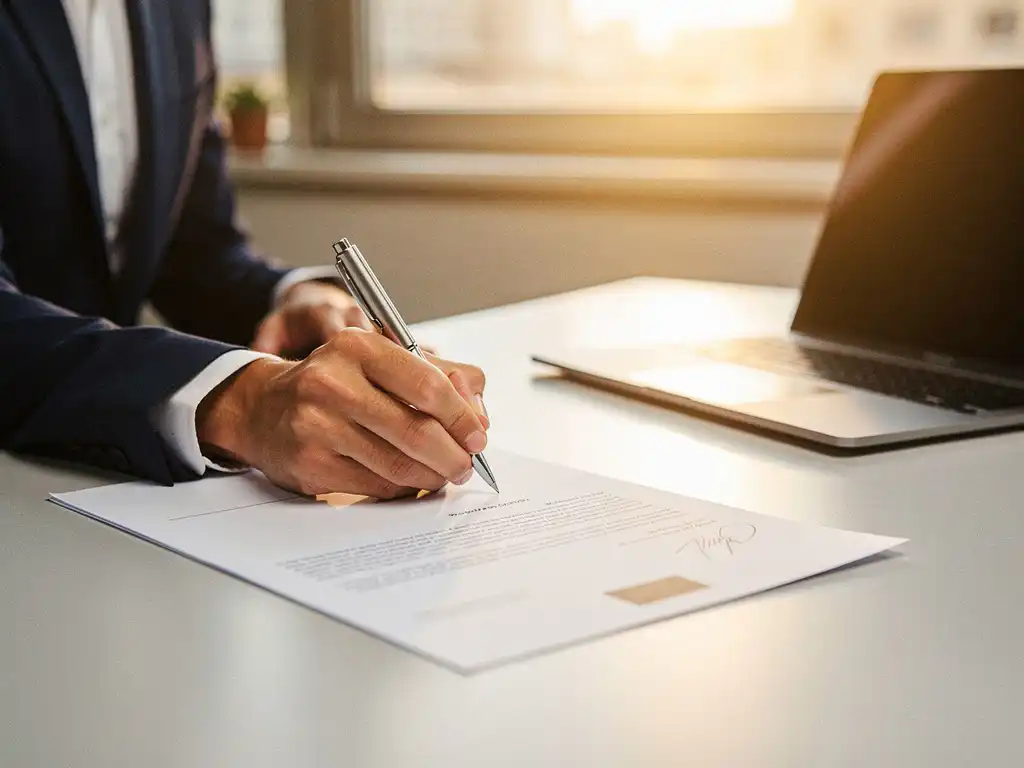 Zakenman ondertekent een offertedocument op modern bureau naast laptop, warm middaglicht, ondiepte scherptediepte.