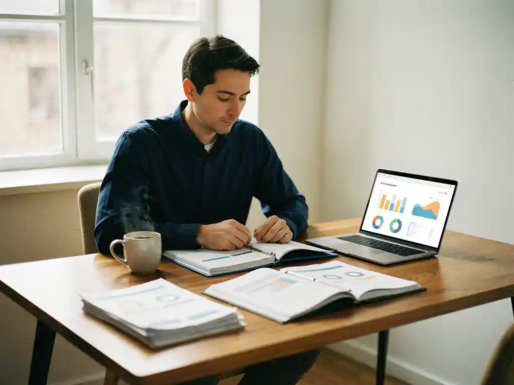 Ondernemer vergelijkt papieren mappen met laptop-dashboard aan houten bureau, koffie en documenten nabij, warm natuurlijk licht.