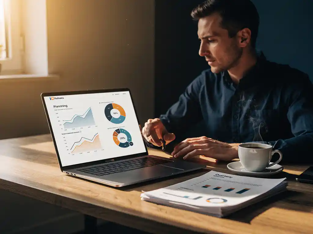 Ondernemer bestudeert dashboard met grafieken op laptop, naast kwartaalrapport en koffie op houten bureau in warm ochtendlicht.