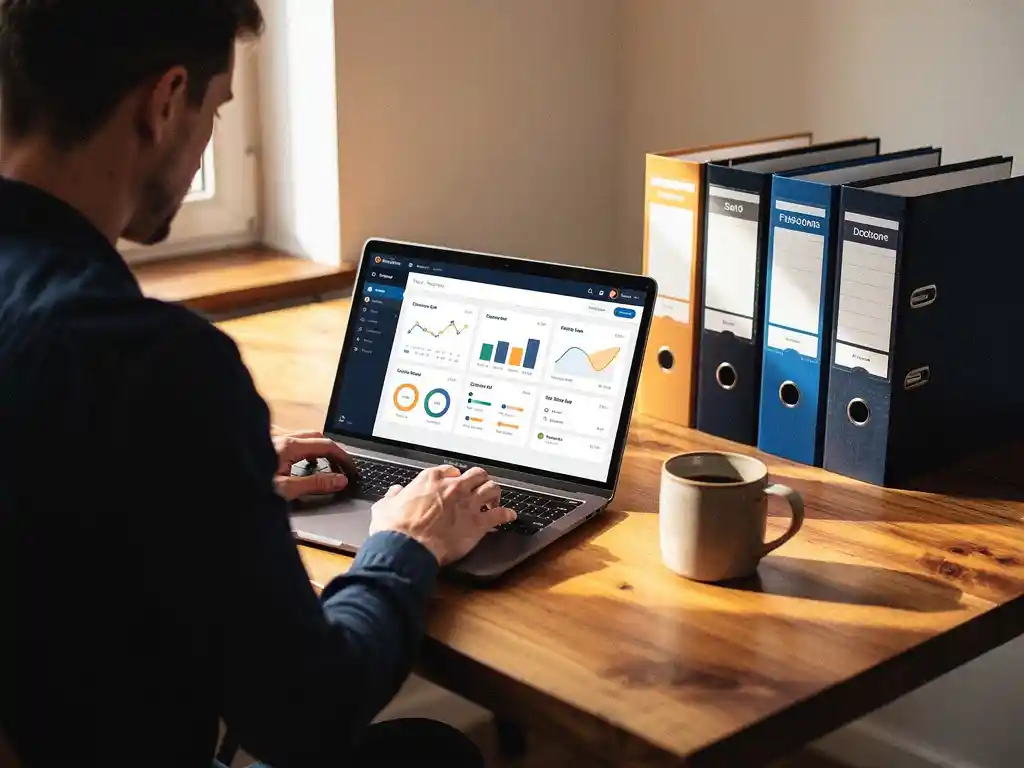 Ondernemer bekijkt digitaal projectdashboard op laptop aan houten bureau met koffiekop en mappen in warm kantoorlicht.