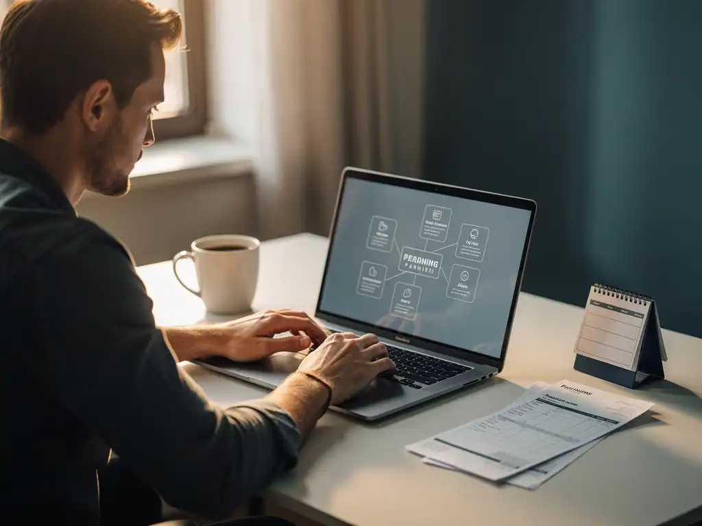 Ondernemer bekijkt planningsmodules op laptop aan opgeruimd bureau met facturen, koffiemok en kalender in warm natuurlijk licht.