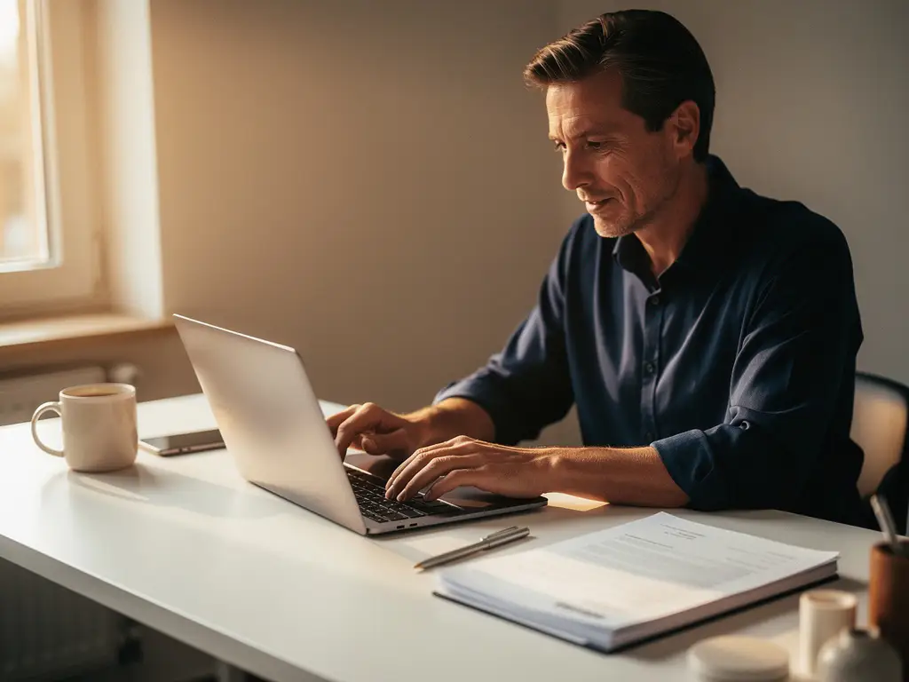 Ondernemer bekijkt offerte op laptop aan een opgeruimd modern bureau met koffie en ondertekende documenten, warm natuurlijk licht.
