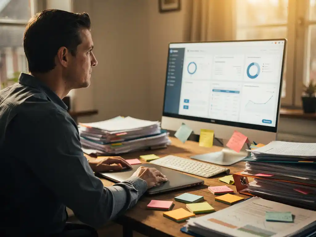 Ondernemer aan rommelig bureau met plakbriefjes en mappen kijkt naar georganiseerd dashboard op monitor, warm Nederlands kantoor.