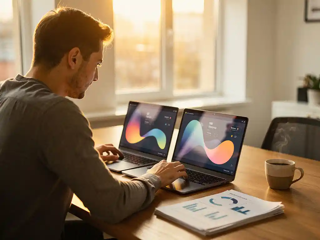 Ondernemer vergelijkt twee laptops met dashboardinterfaces aan een houten bureau, met zakelijke documenten en koffie in warm kantoorlicht.