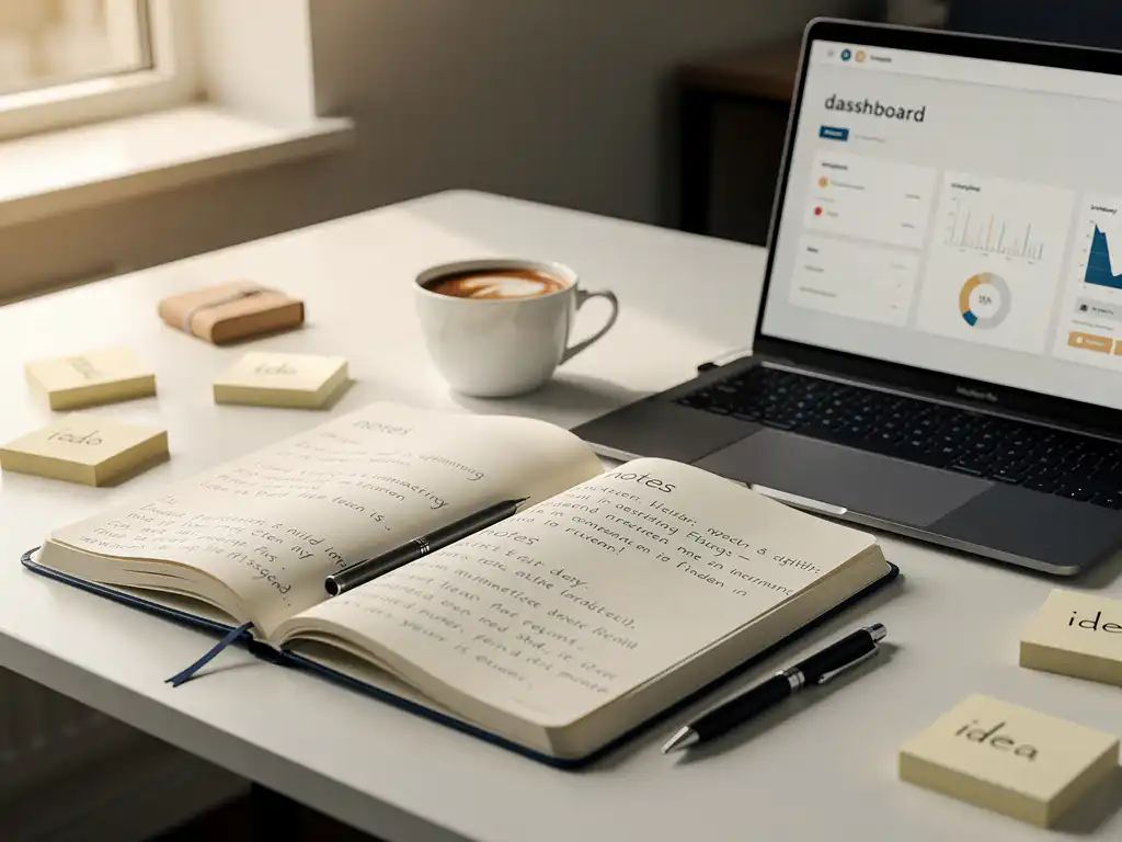 Open papieren logboek met handgeschreven projectnotities naast laptop met digitaal dashboard in modern Nederlands kantoor.