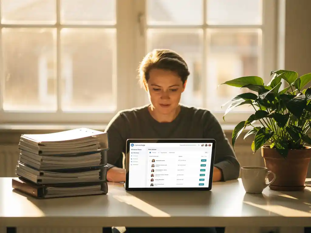 Ondernemer bekijkt personeelsbestand op laptop aan modern bureau, omringd door ordners, kamerplant en koffie in warm kantoorlicht.