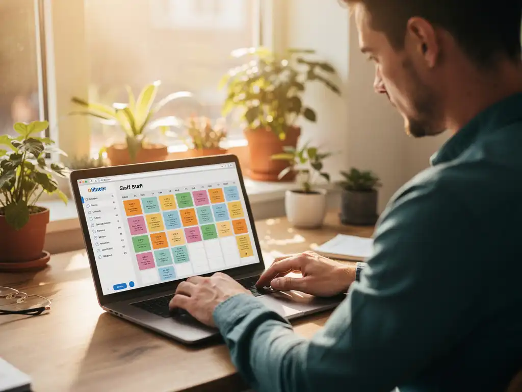 Ondernemer bekijkt kleurgecodeerd personeelsrooster op laptop in modern Nederlands kantoor met houten bureau en planten.