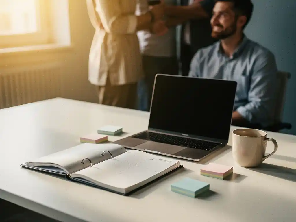 Open planner en laptop op modern bureau met sticky notes en koffiemok, team op de achtergrond, warm ochtendlicht.