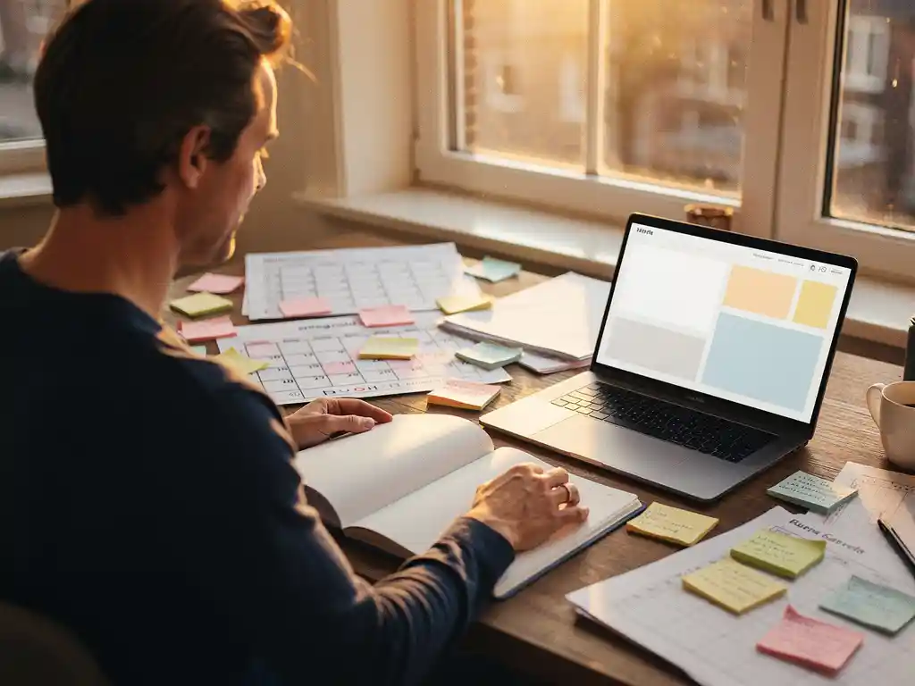 Ondernemer aan rommelig bureau met planner en sticky notes, naast laptop met digitaal planningsdashboard, warm Hollands kantoor in middaglicht.
