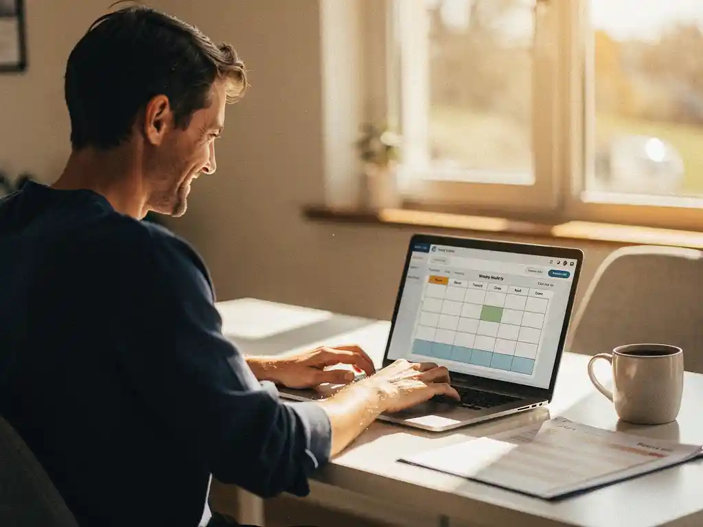 Ondernemer configureert planningssoftware op laptop aan modern bureau met papieren personeelsrooster en koffiemok in warm middaglicht.