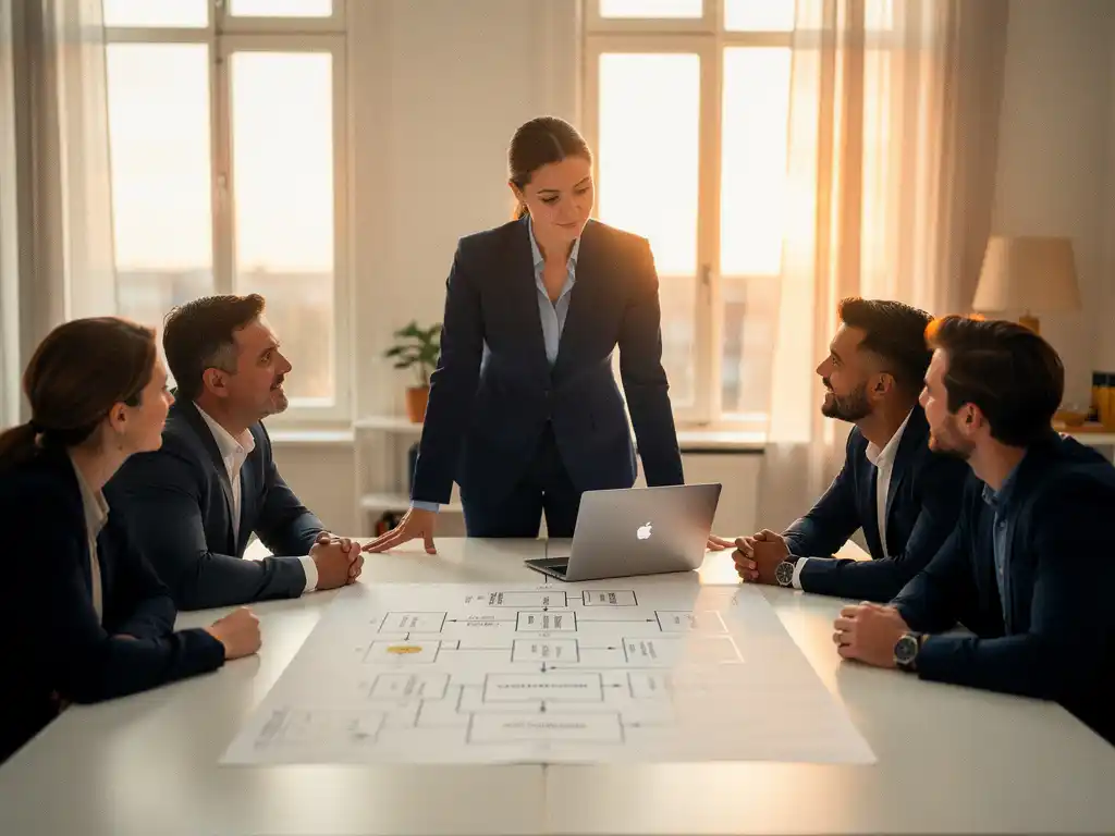 Zakelijke professional begeleidt team bij workflowdiagram op modern bureau in licht Nederlands kantoor met groot raam.