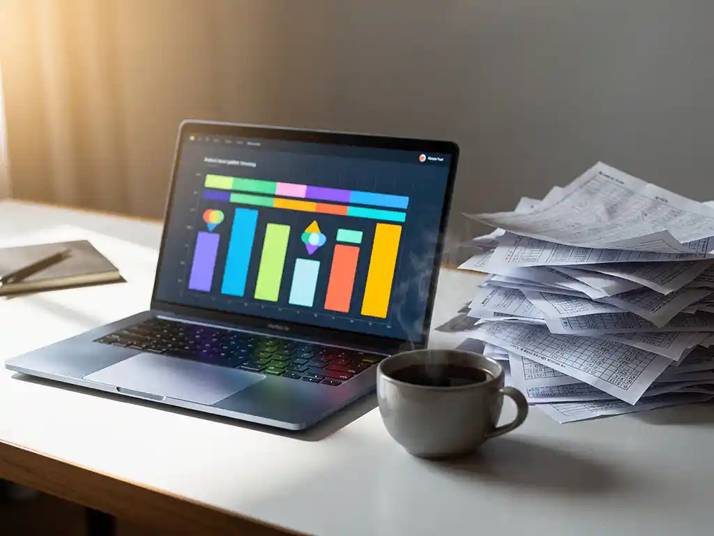 Laptop met kleurrijk projectplanning-dashboard naast een rommelige stapel verfrommelde spreadsheetafdrukken op een modern bureau.