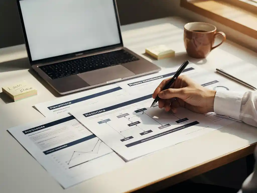 Hand die mijlpalen markeert op een projectdashboard, omringd door laptop, sticky notes en koffie op een modern bureau.