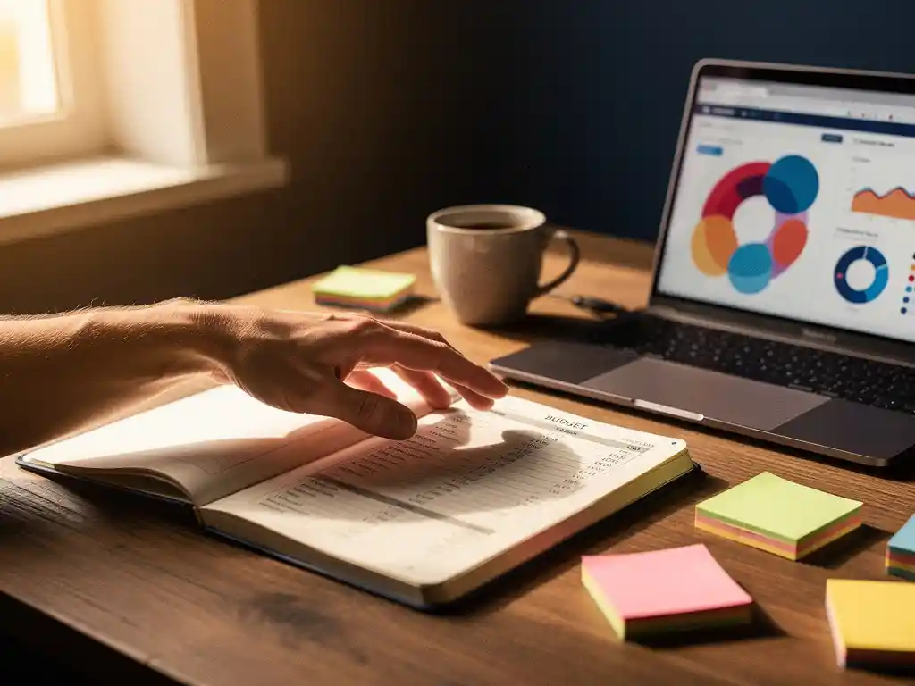 Projectmanager schrijft budgetcijfers in notitieboek naast laptop met tijdregistratiegrafieken, koffie en sticky notes op werkplek.